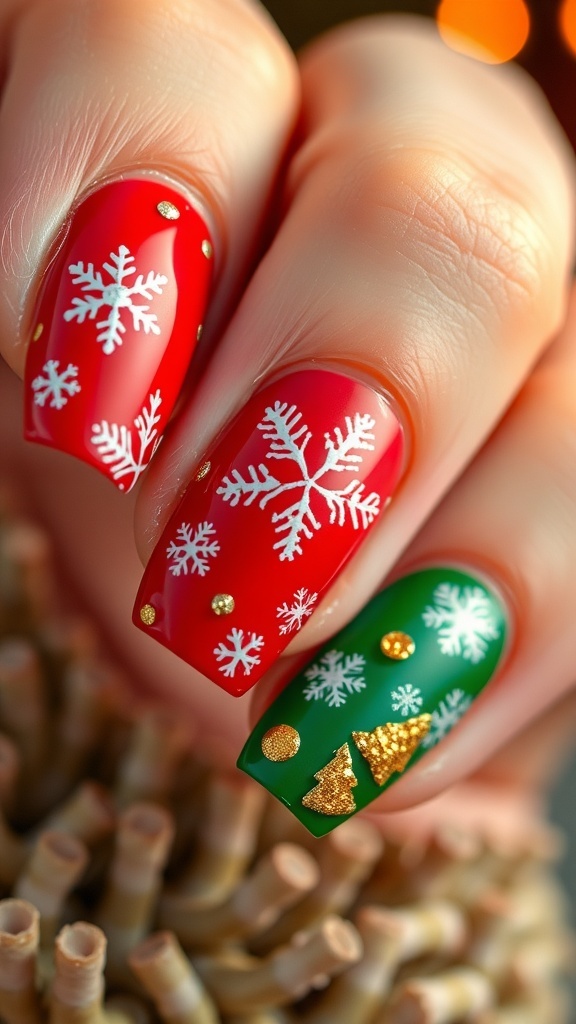 Short Matching Christmas Nail Designs Short Christmas nails with red, green, and white designs, featuring snowflakes and glitter.